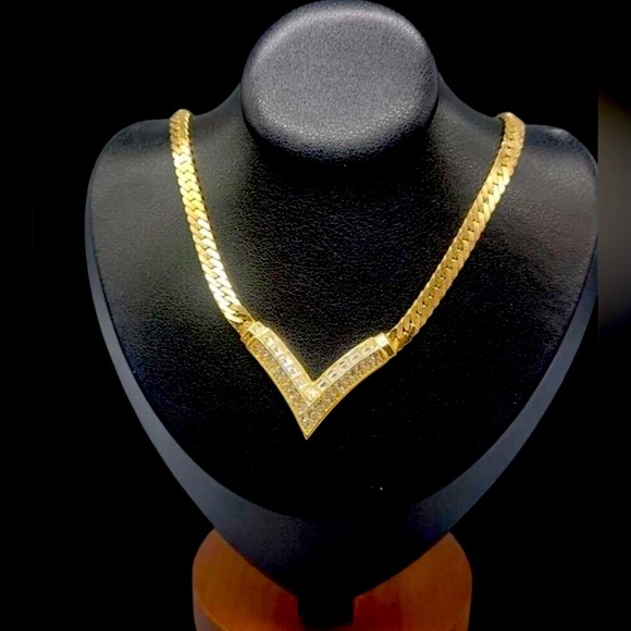 Christian Dior Crystal Necklace V Choker 17" Thick Herringbone Chain Gold 1998! - Picture 8 of 8